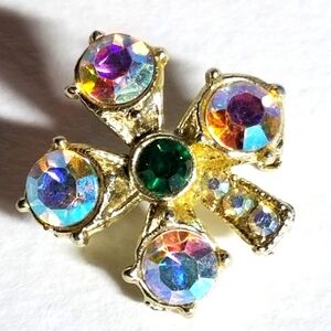 Vintage pin 4 leaf clover brooch pin gold tone rhinestone ab aurora borealis